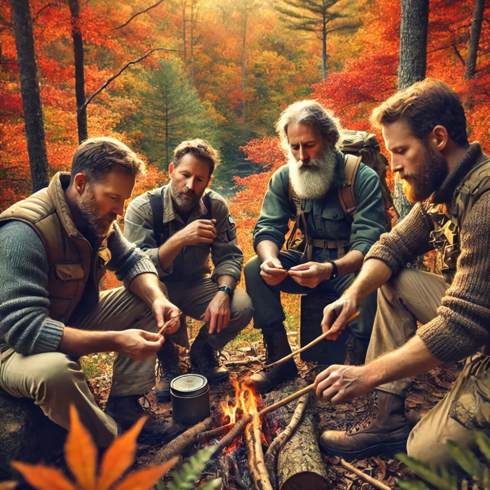 Autumn wilderness survival training in Upstate South Carolina, featuring a small group of adults, two with beards, engaged in a practical survival skills exercise among vibrant fall foliage