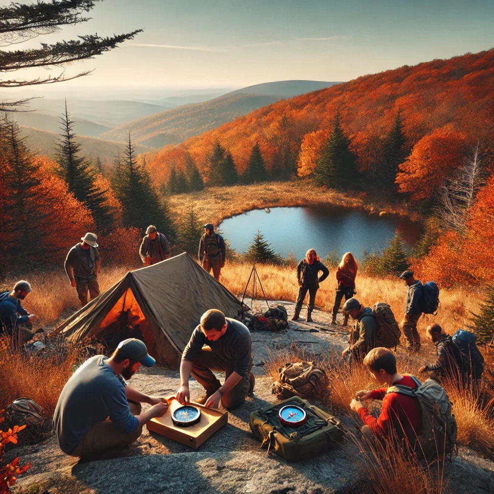 Group of diverse individuals engaged in wilderness survival training on a plateau in Upstate South Carolina during autumn, with vibrant fall foliage around a small pond, demonstrating shelter building and navigation skills under clear skies.