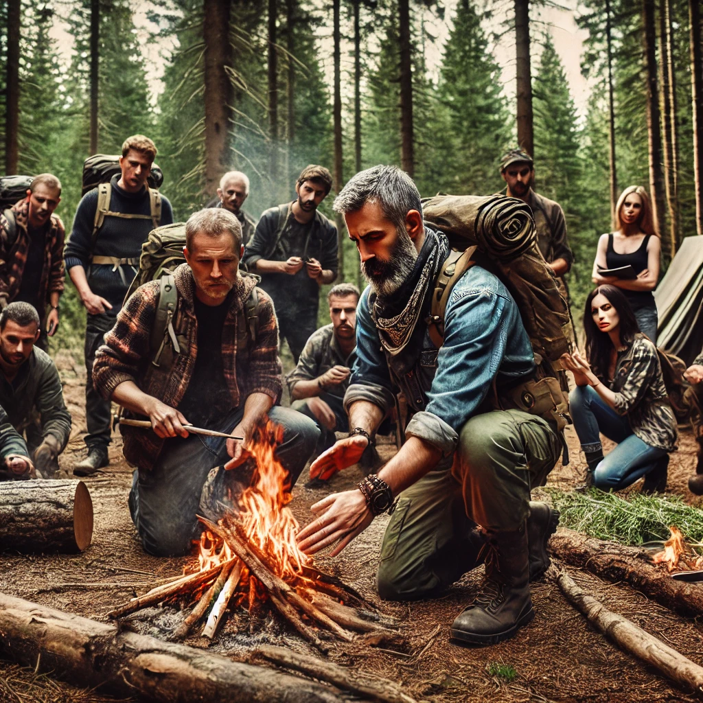 Wilderness survival training camp with diverse participants learning from expert Tom Weathers in a forest, engaging in fire making and shelter building activities.