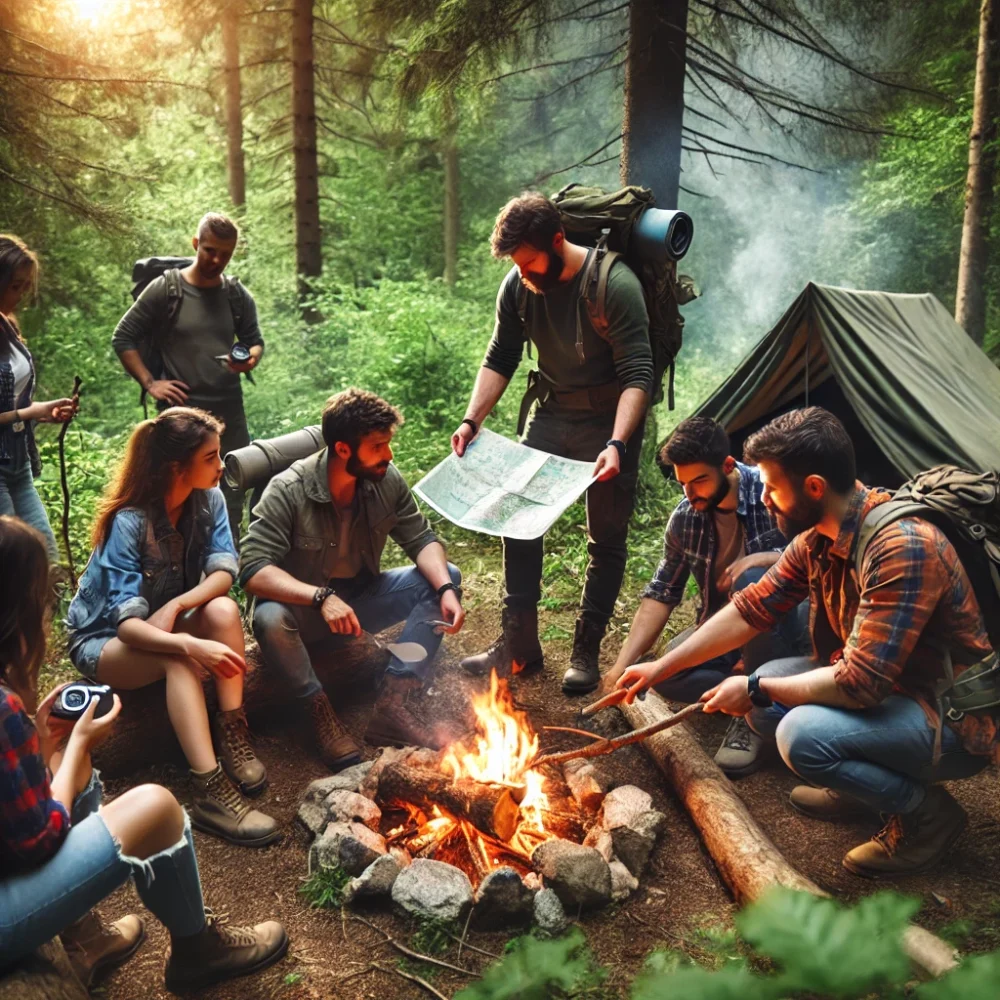 A group of outdoor enthusiasts learning survival skills like fire-making and navigation in a forest setting during survival classes near me.