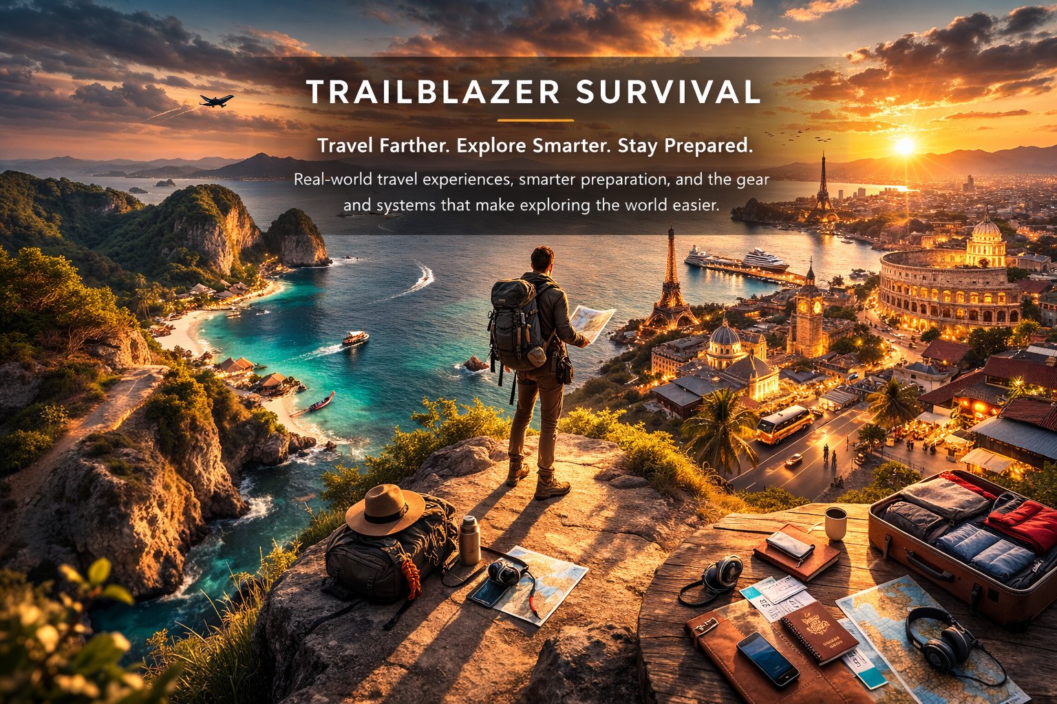 Traveler standing on a cliff overlooking a coastal landscape at sunrise with mountains, islands, and a seaside town below