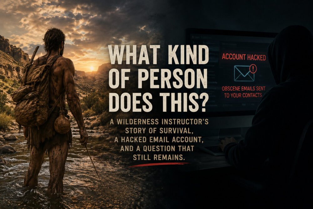 Survival instructor crossing a wilderness stream contrasted with a hacker at a computer, illustrating an essay about survival training, a hacked email account, and human nature.